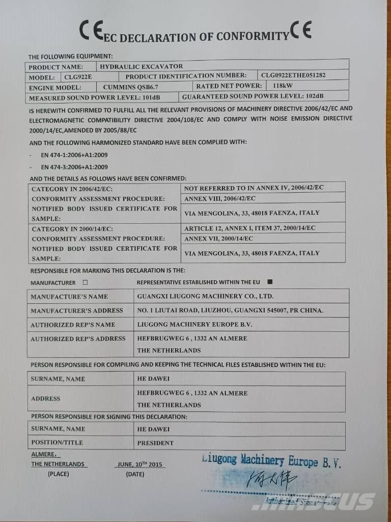 LiuGong CLG 922 E Escavadoras de rastos