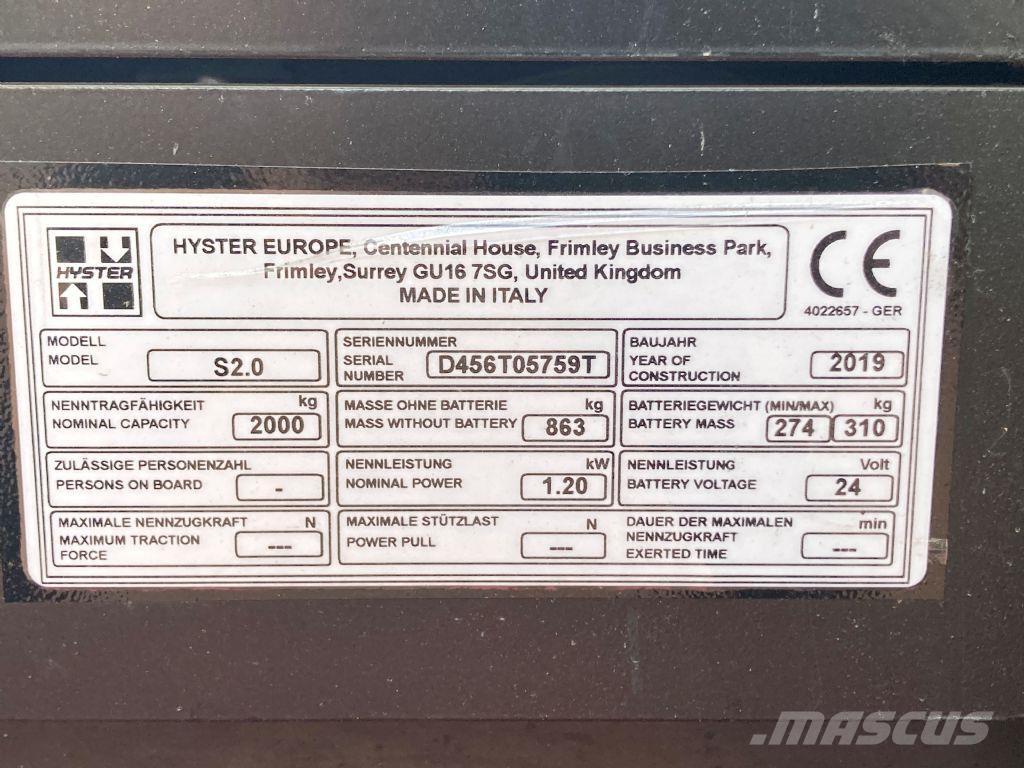 Hyster S 2.0 Empilhador para operador externo