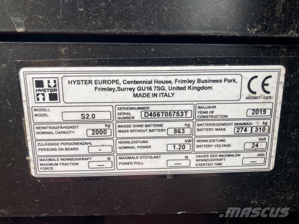 Hyster S 2.0 Empilhador para operador externo