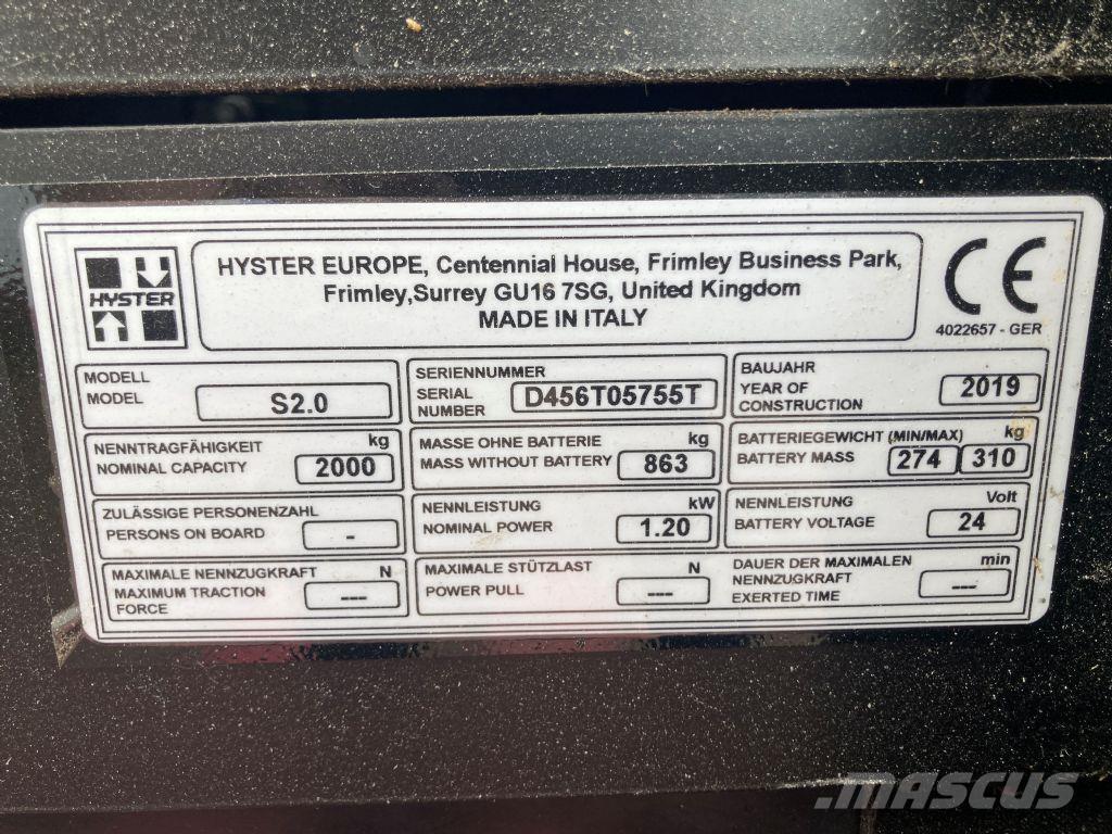 Hyster S 2.0 Empilhador para operador externo