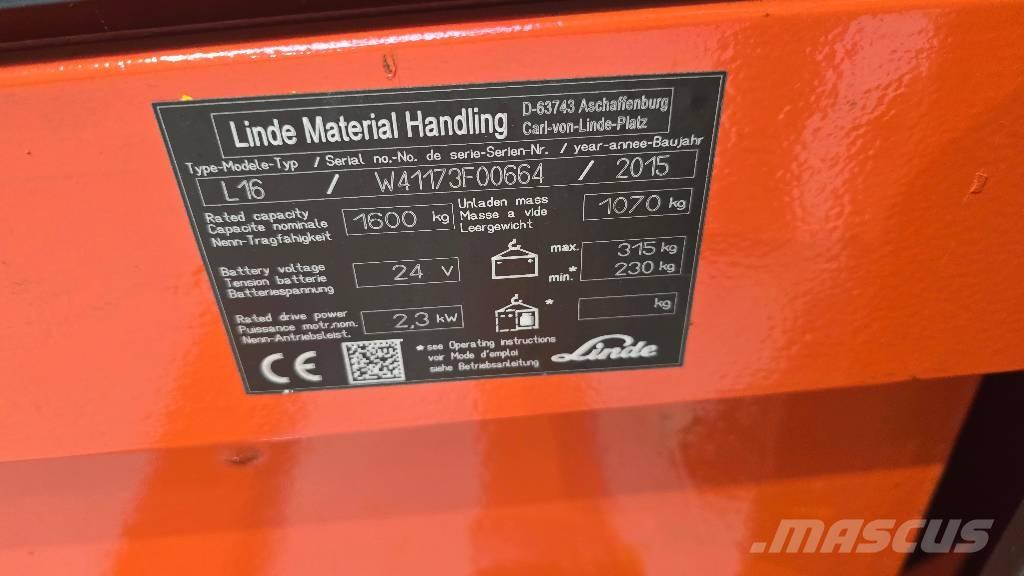 Linde L 16 Empilhador para operador externo
