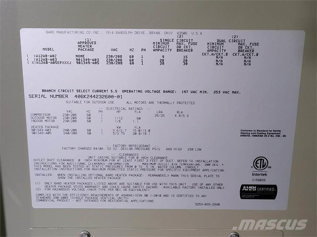  BARD W12AB-A05EPXXXJ Equipamento de aquecimento e descongelamento