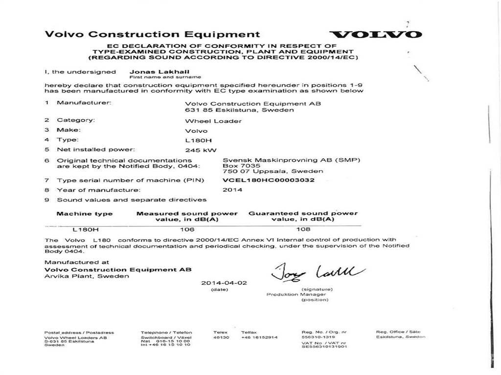 Volvo L180H Pás carregadoras de rodas