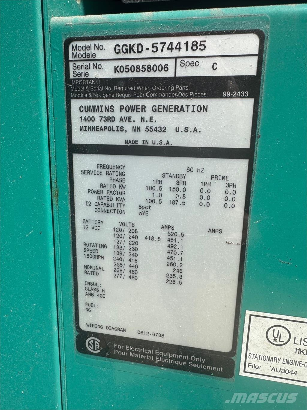 Cummins 150kW Geradores Gás