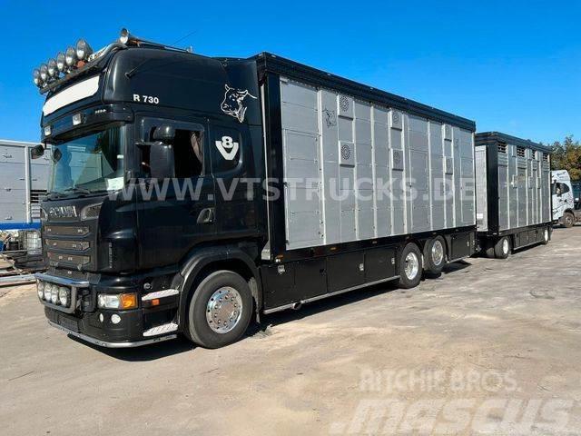 Scania R730 V8 6x2 2.Stock Stehmann + Viehanhänger Camiões de transporte de animais